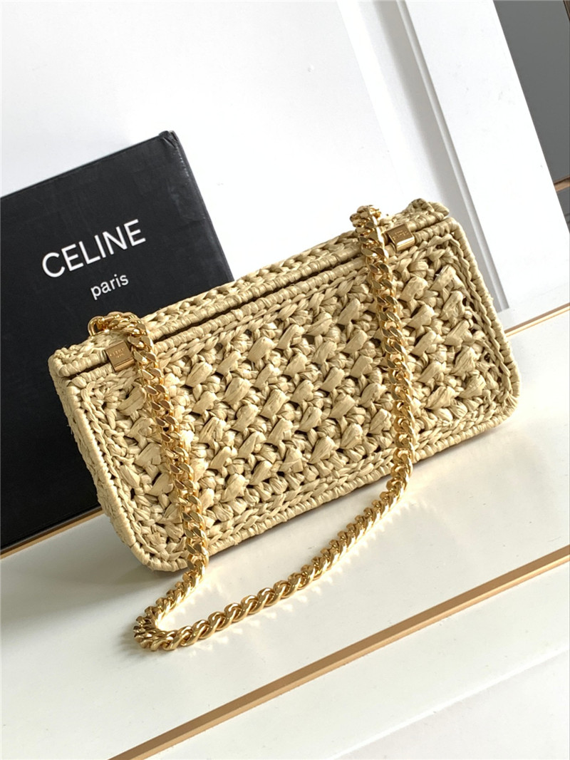 Celin Raffia Effect Claude Chain Shoulder Bag Natural
