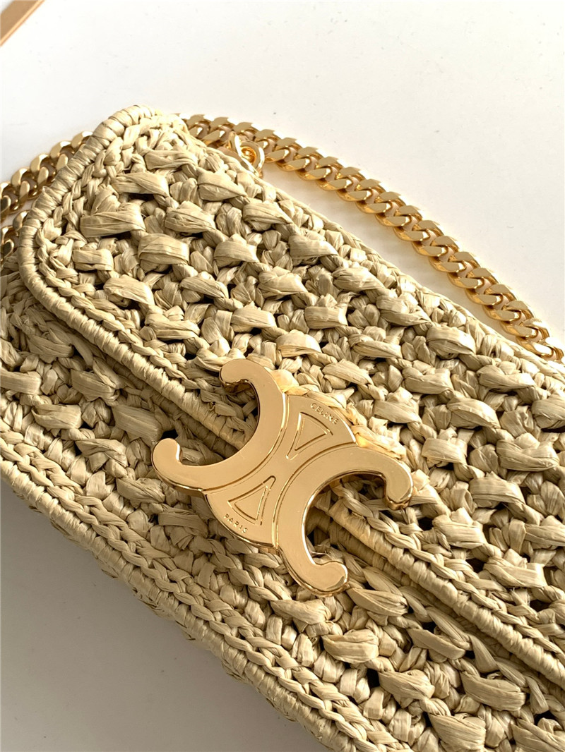 Celin Raffia Effect Claude Chain Shoulder Bag Natural