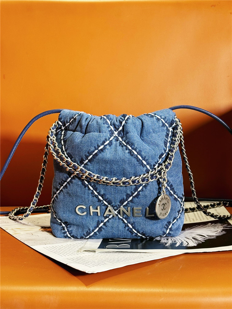 Chanel Blue Stitched Denim Mini 22 Bag