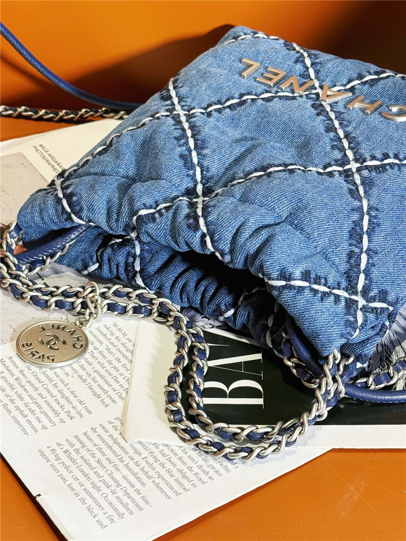 Ch**el blue stitched denim mini 22 bag