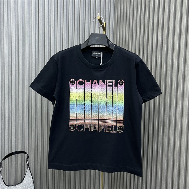 Chanel round neck rhinestone embroidered T-shirt