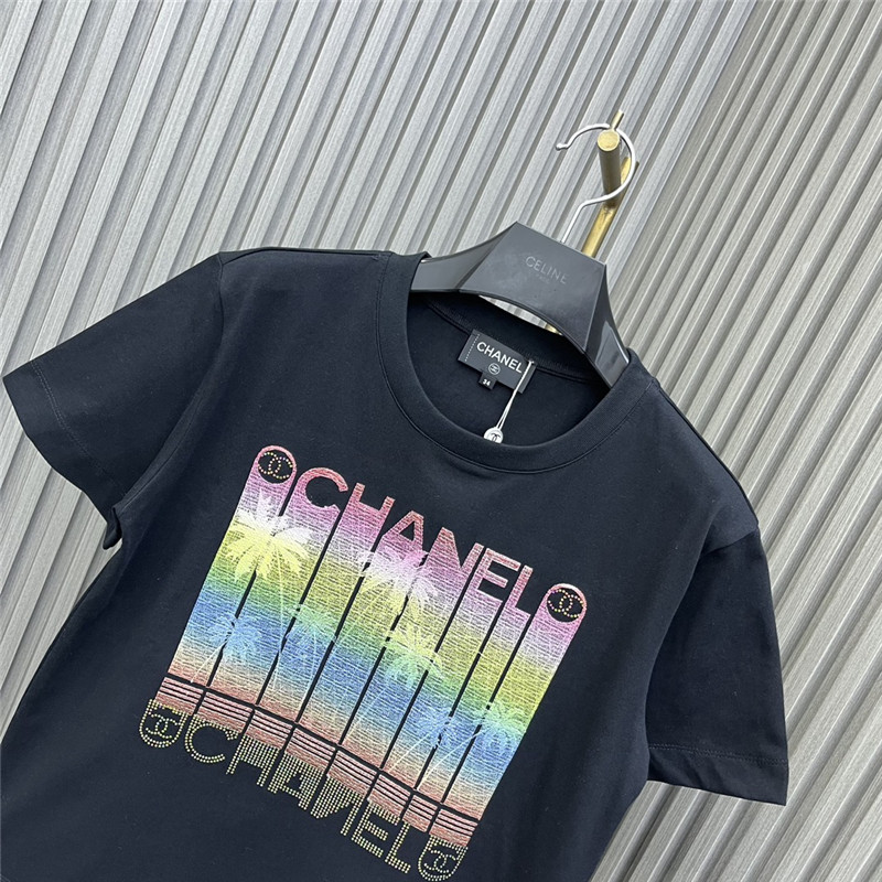 Ch**el round neck rhinestone embroidered t-shirt