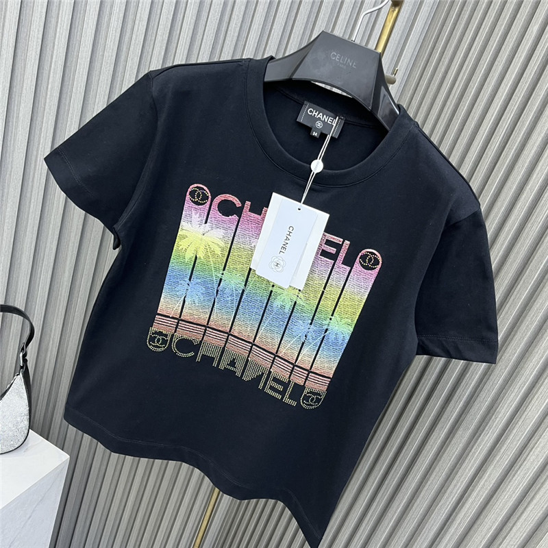 Ch**el round neck rhinestone embroidered t-shirt