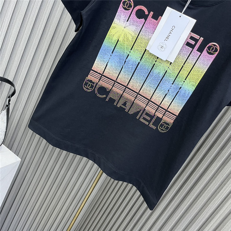 Ch**el round neck rhinestone embroidered t-shirt