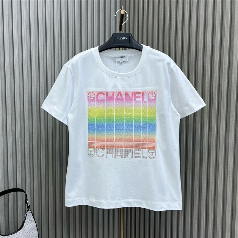 Chanel round neck rhinestone embroidered T-shirt
