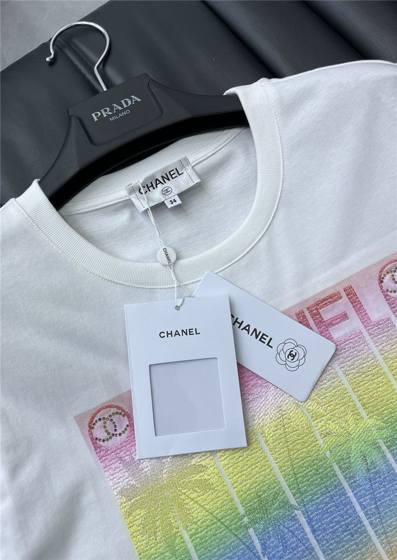 Ch**el round neck rhinestone embroidered t-shirt