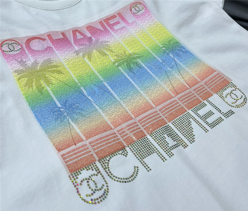 Ch**el round neck rhinestone embroidered t-shirt