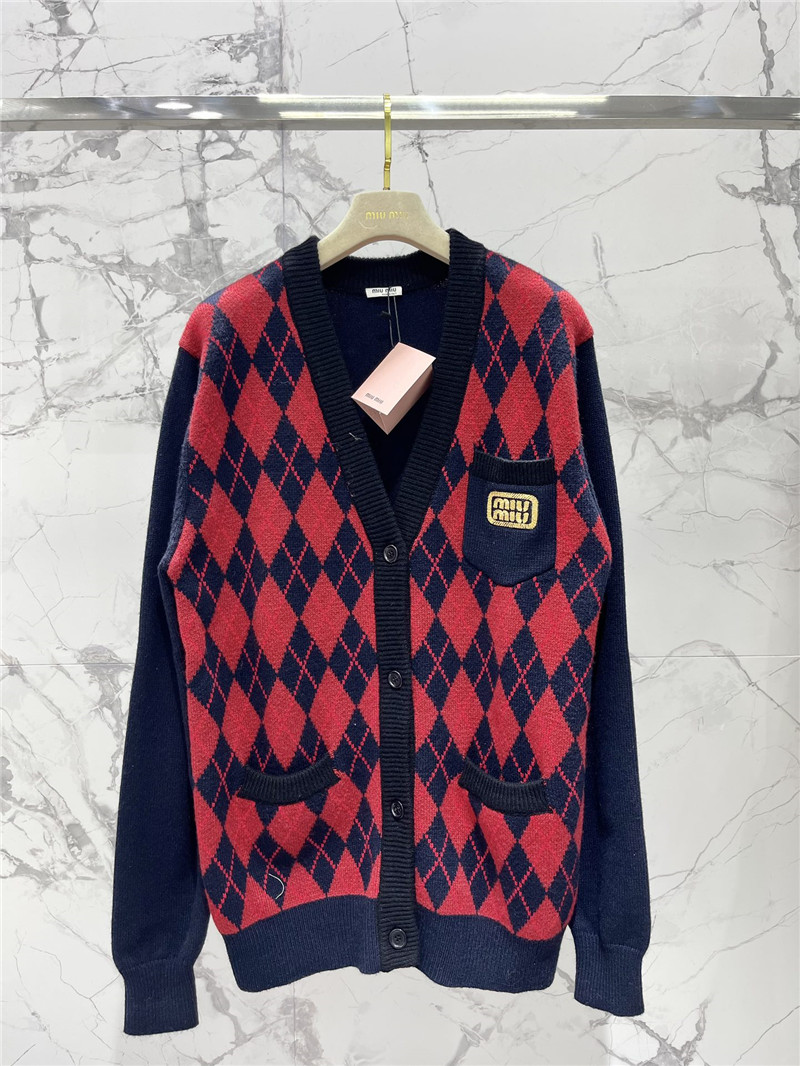 Miu Miu Logo Diamond Knit Cardigan
