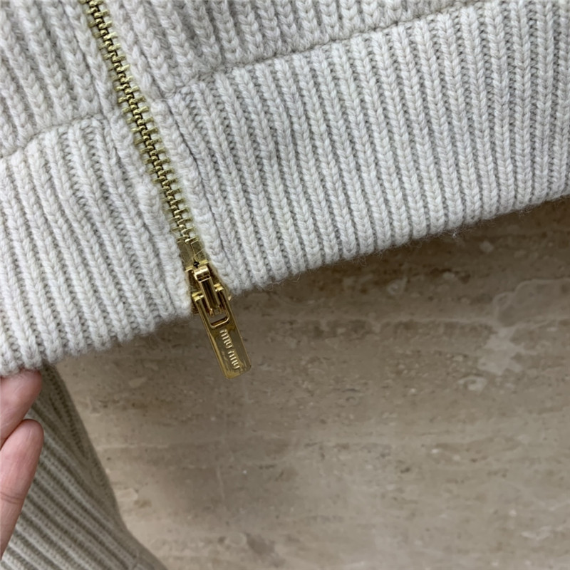 M1um1u navy collar embroidered logo knitted zipper jacket