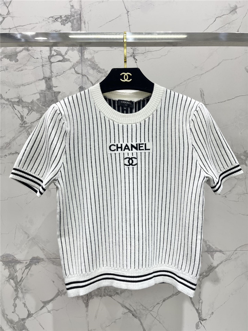 Chanel Crew Neck Striped Logo Sweater White