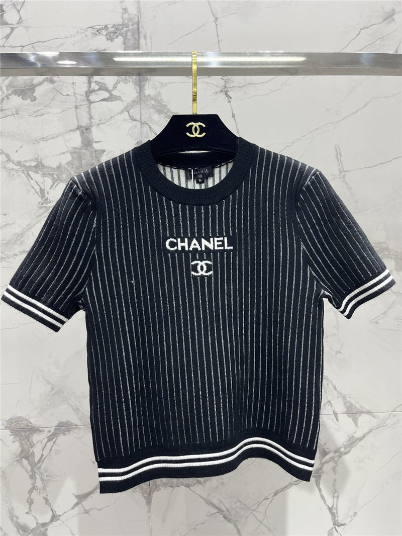 Chanel Crew Neck Striped Logo Sweater Black