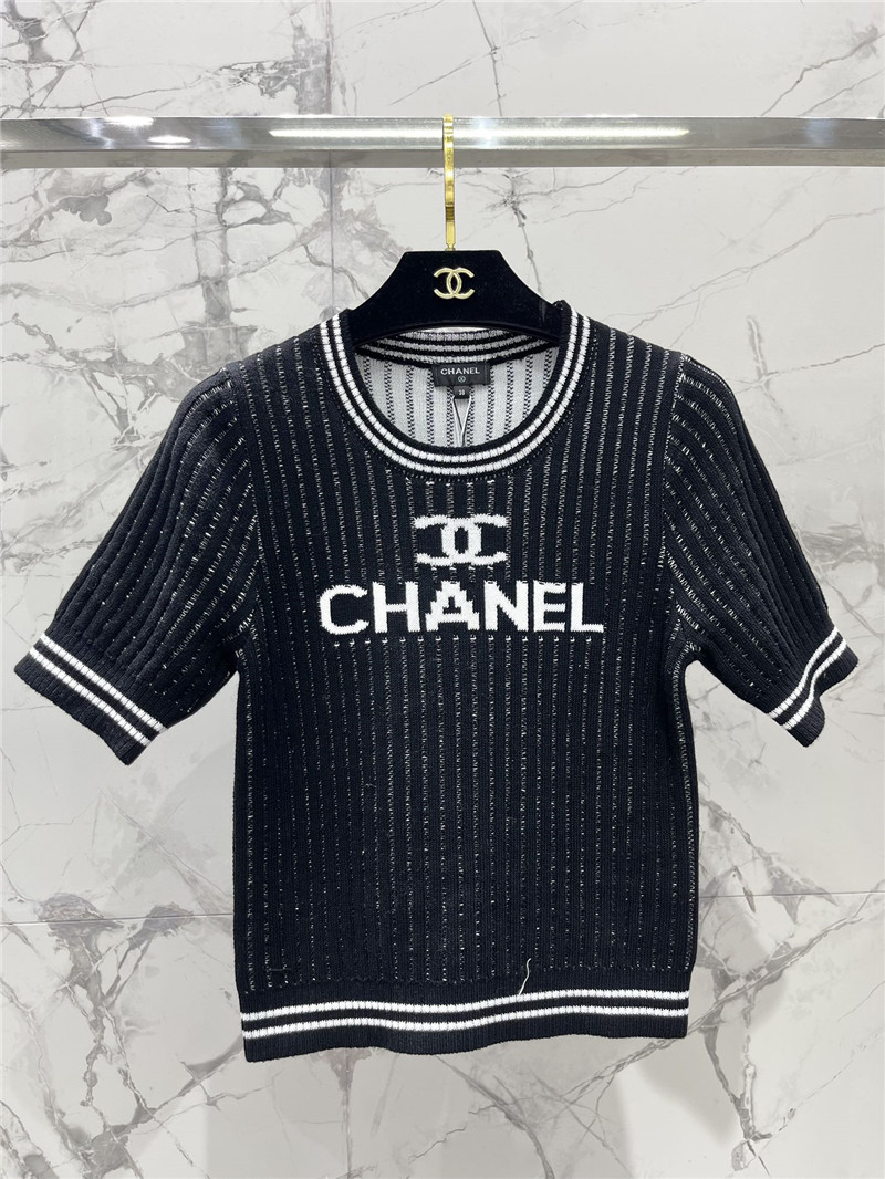 Chanel Vertical Striped Logo Sweater Black