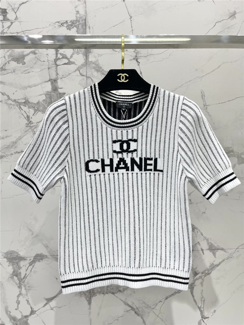 Chanel Vertical Striped Logo Sweater White