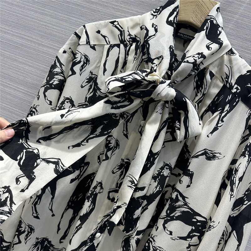 Balmain retro literary style abstract horse print silk shirt