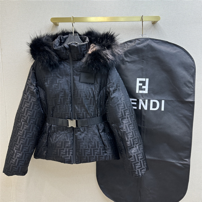 fendi FF jacquard fox fur collar hooded short down jacket