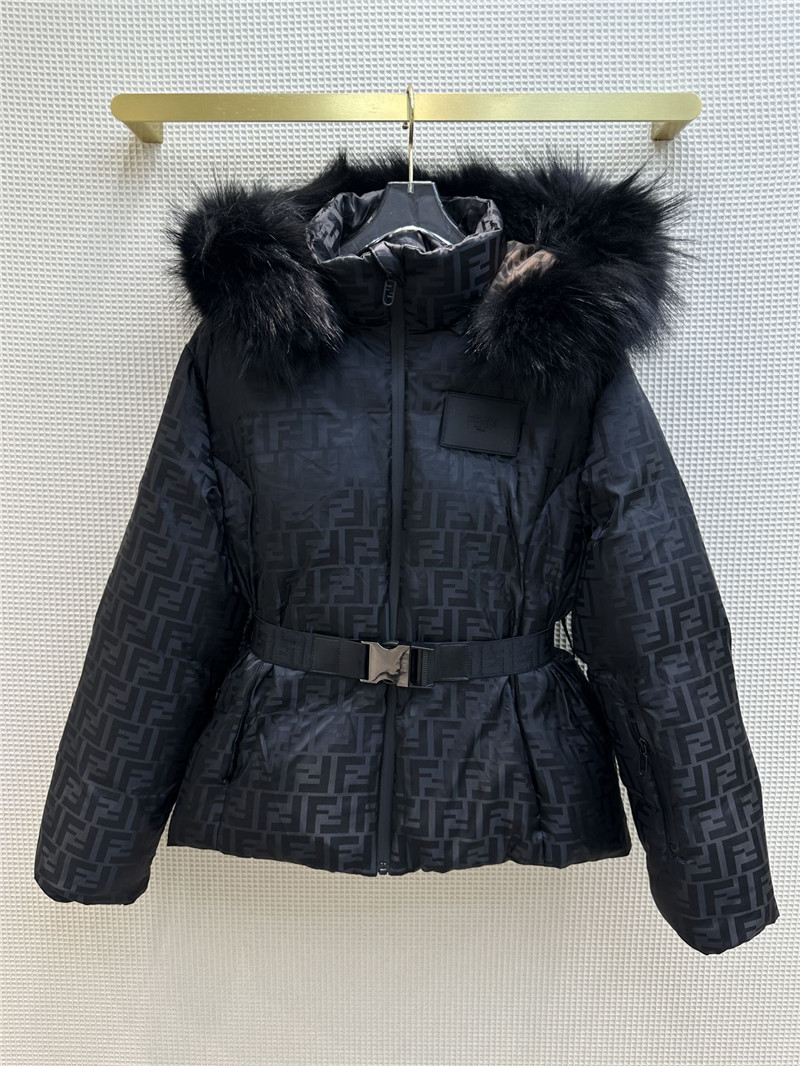 F**di ff jacquard fox fur collar hooded short down jacket