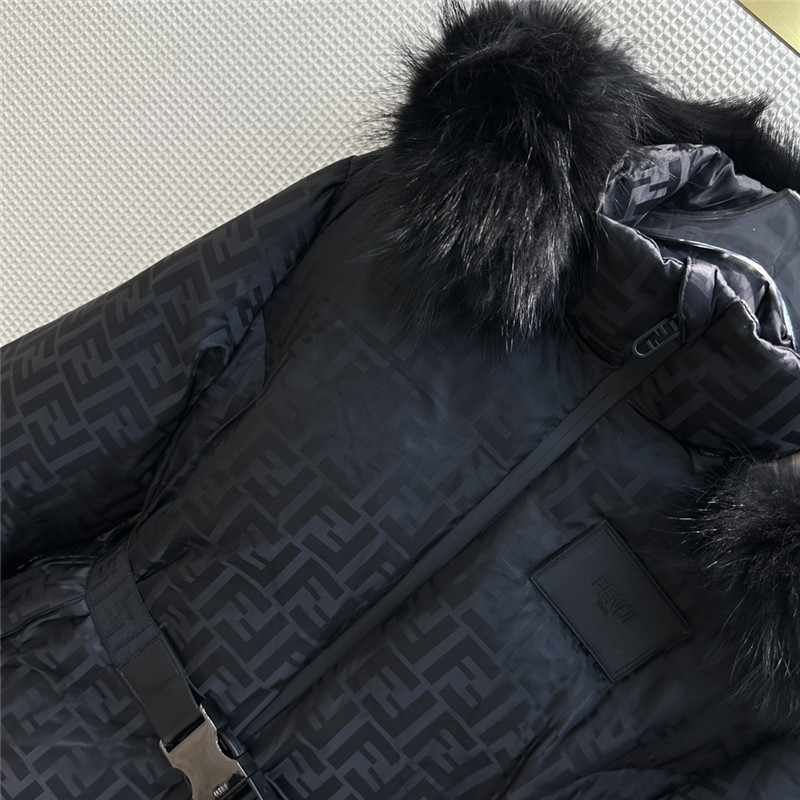 F**di ff jacquard fox fur collar hooded short down jacket