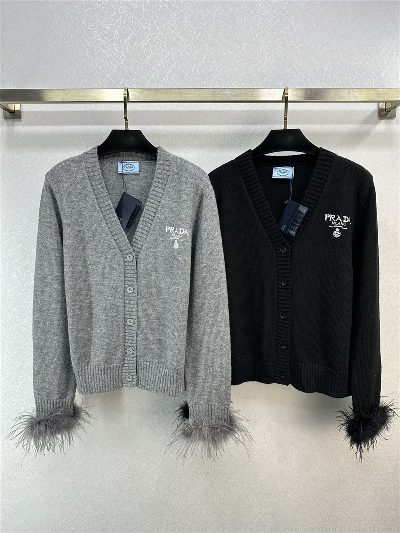 Prada Ostrich Cuffs V-Neck Cardigan