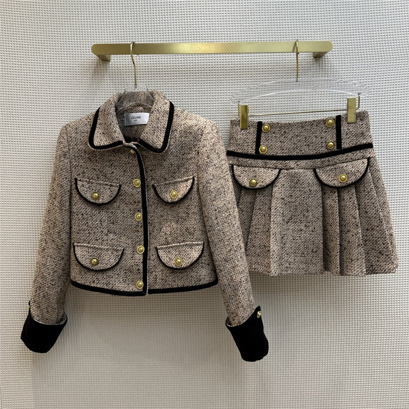 celine velvet jacket + pleated skirt suit