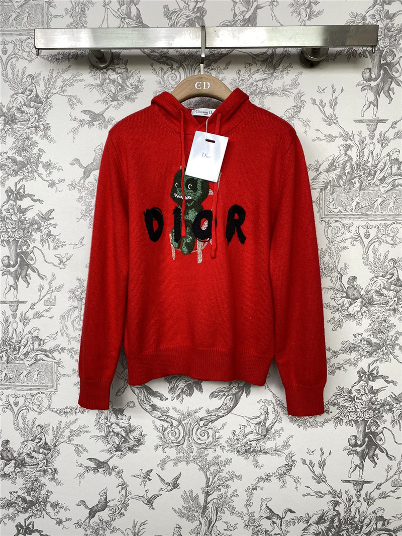 Dior Red Logo Knitted Hooded Sweater