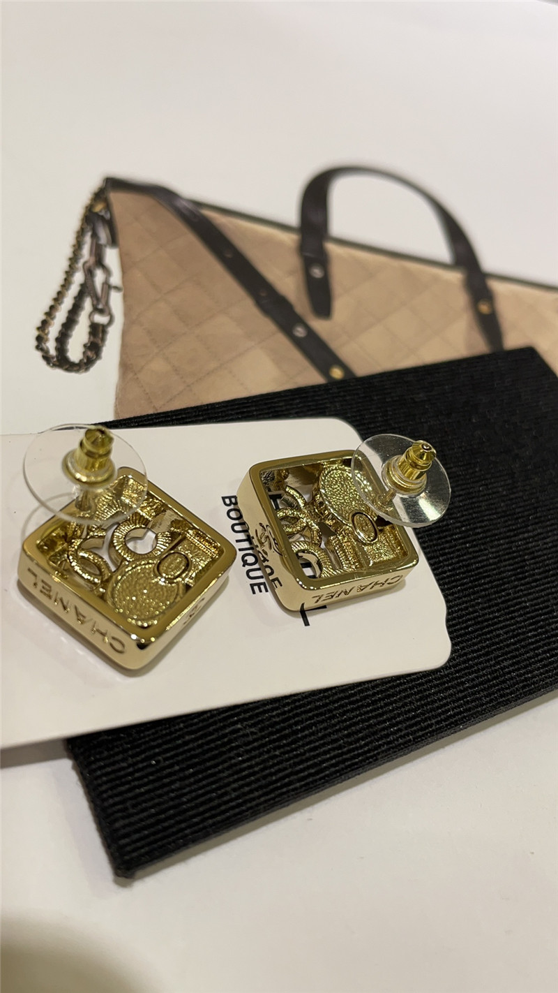 Ch**el hollow square gold stud earrings