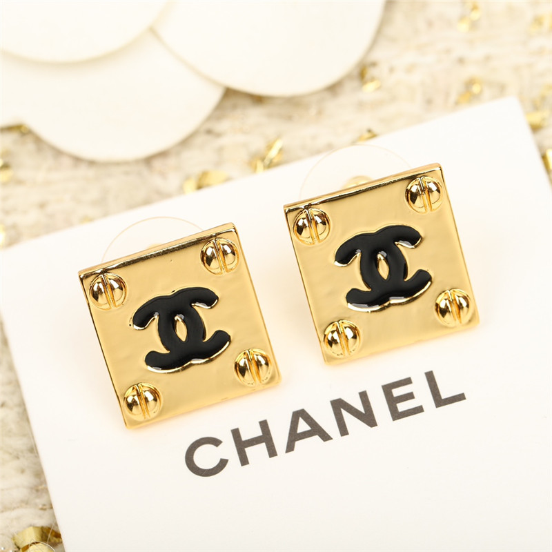 Ch**el square gold black double c stud earrings