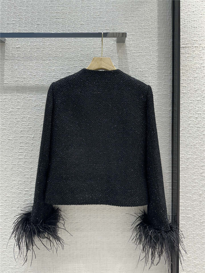 Va1e*ntin0 feather sleeve glossy black tweed coat