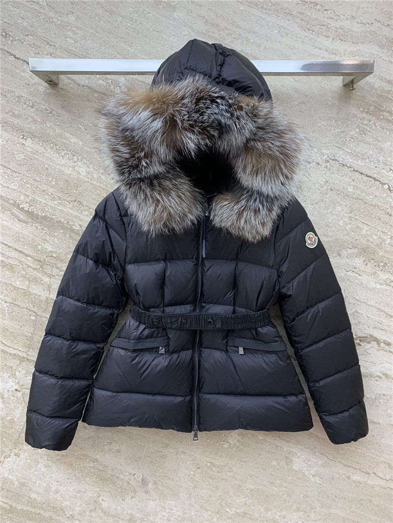 Moncler hooded belted fur collar waisted down jacket