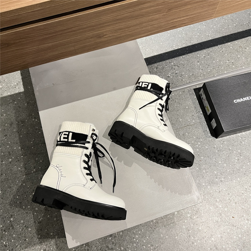 Ch**el white knit leather lace-up boots