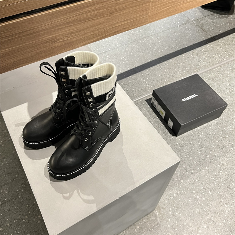 Chanel White Black Knit Leather Lace-Up Boots