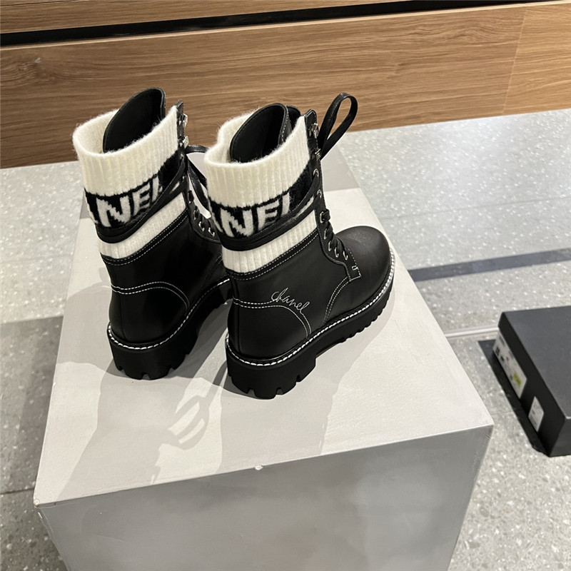 Ch**el white black knit leather lace-up boots