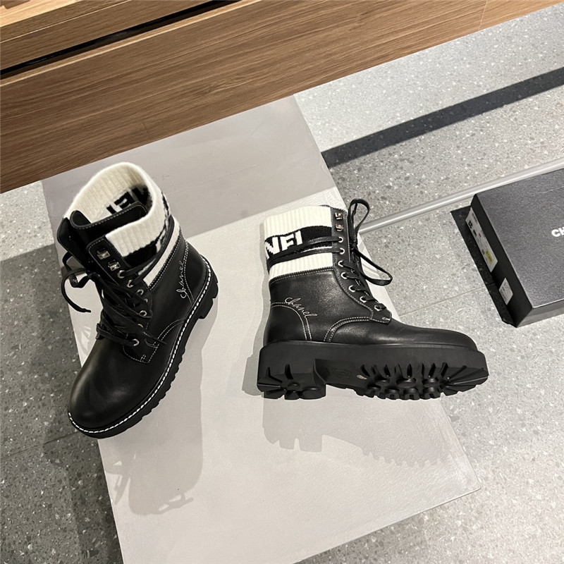 Ch**el white black knit leather lace-up boots