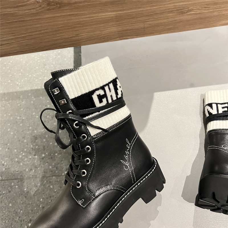 Ch**el white black knit leather lace-up boots
