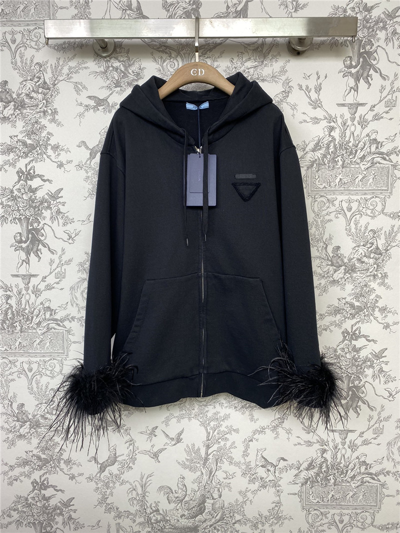 Prada Feather Cuffs Zipper Hooded Sweatshirt Navy