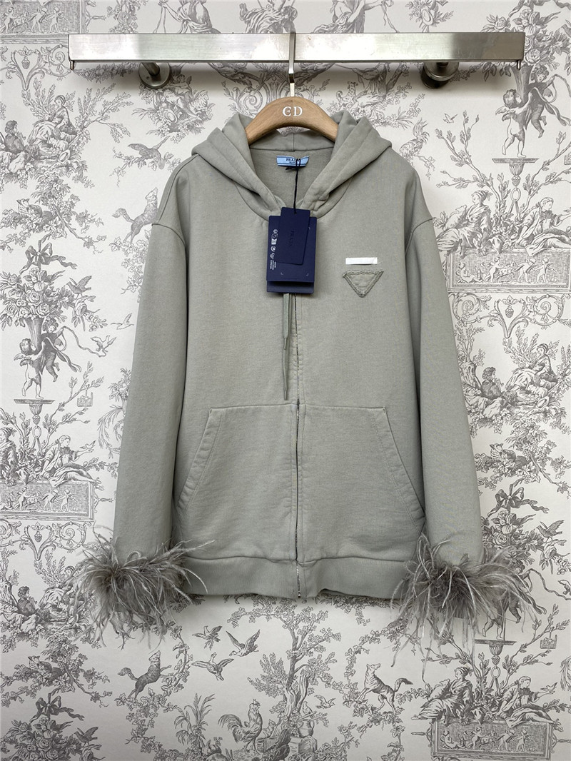 Prada Feather Cuffs Zipper Hooded Sweatshirt Grey