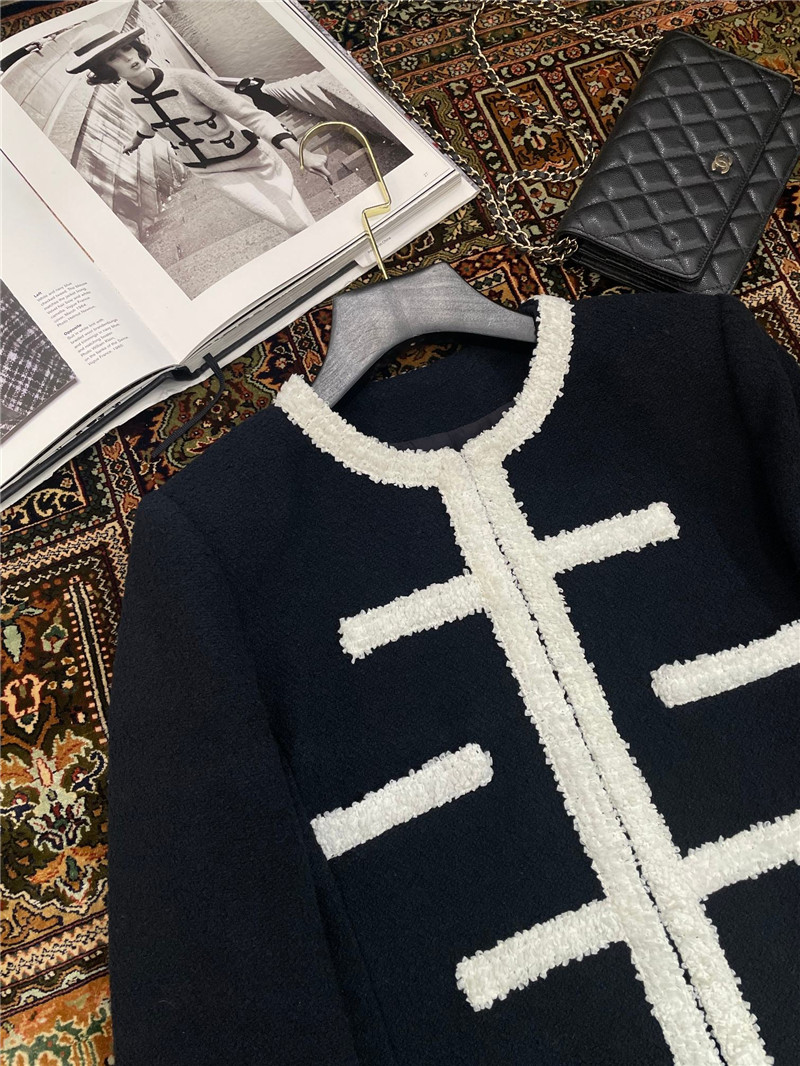 Ch**el navy blue tweed piping color block jacket