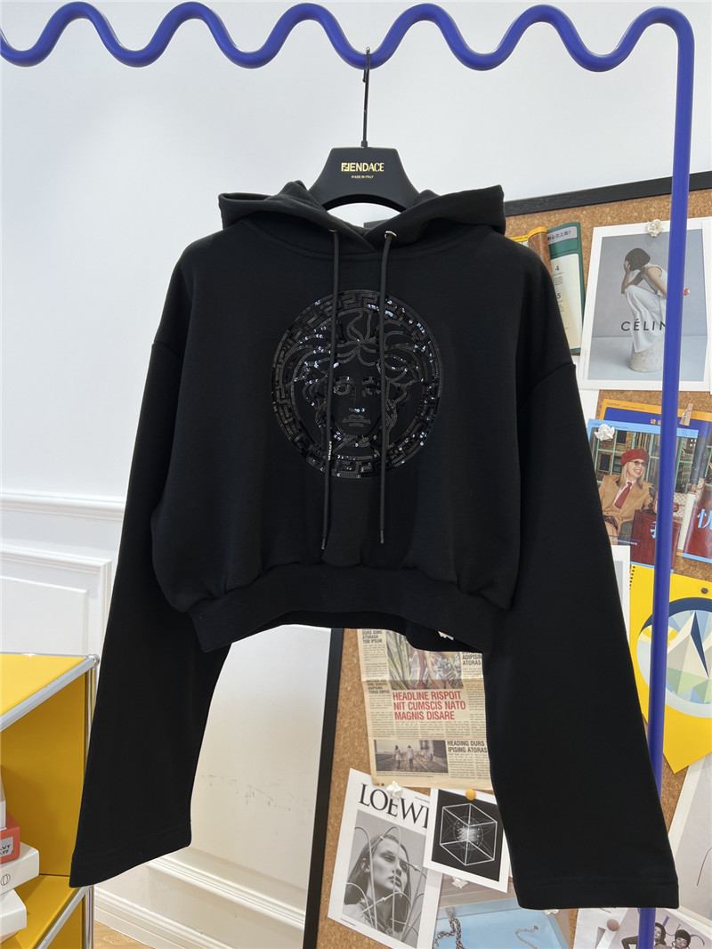 Versace Cropped Rhinestone Hooded Sweatshirt