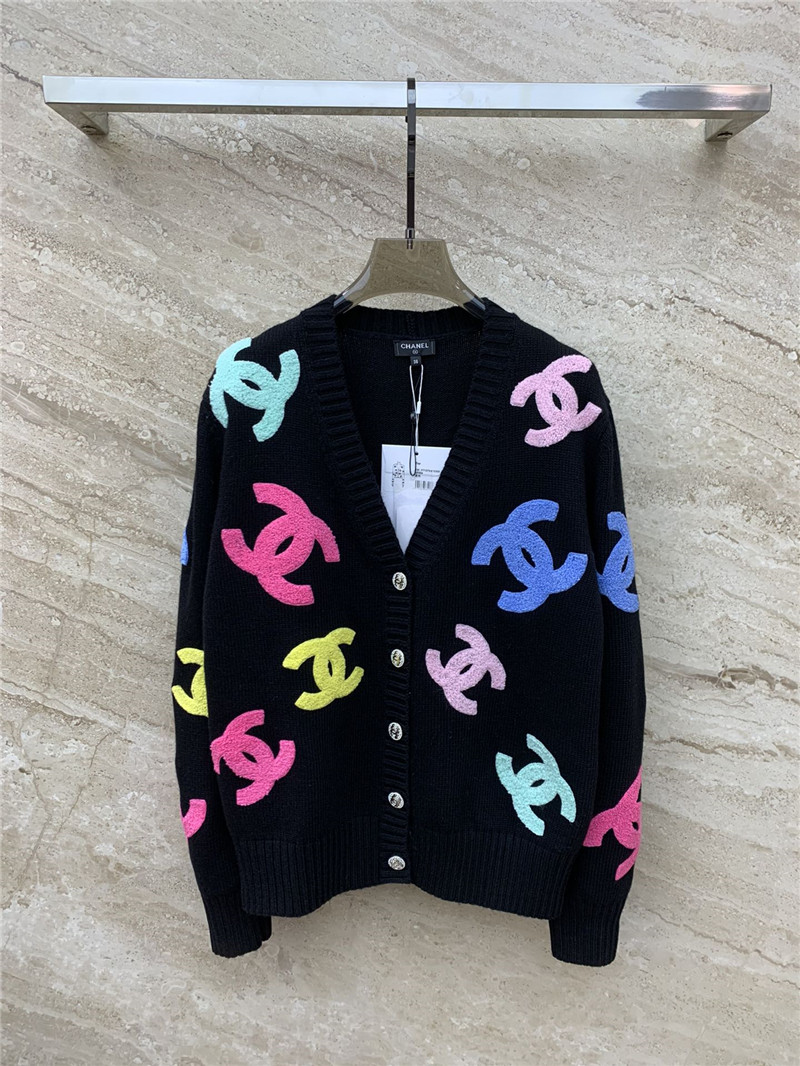 Chanel Colorful Logo V-Neck Cardigan Black