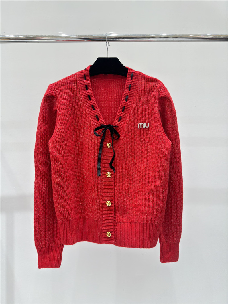Miu Miu Logo Bow Knitted Cardigan Red