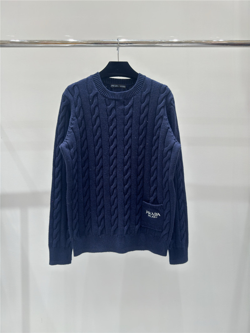 Prada Logo Pocket Twist Knit Sweater Navy
