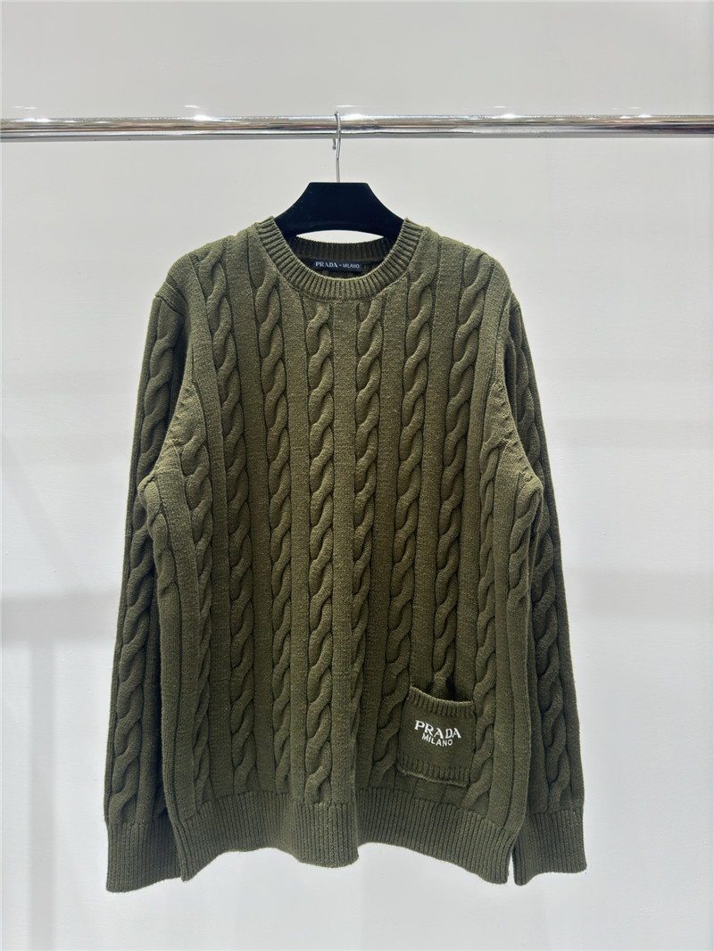 Prada Logo Pocket Twist Knit Sweater Green