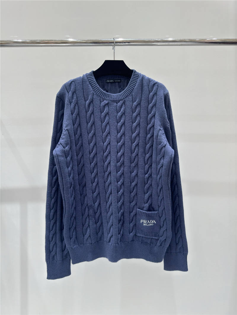 Prada Logo Pocket Twist Knit Sweater Blue