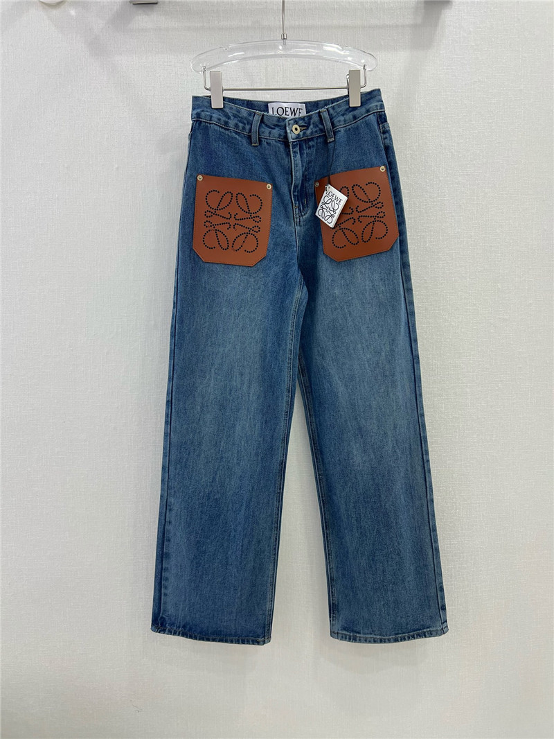 L0ew* new front pocket leather label hollow logo trousers