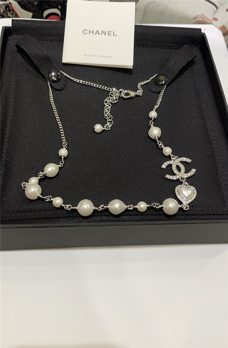 Chanel love diamond double C pearl silver necklace