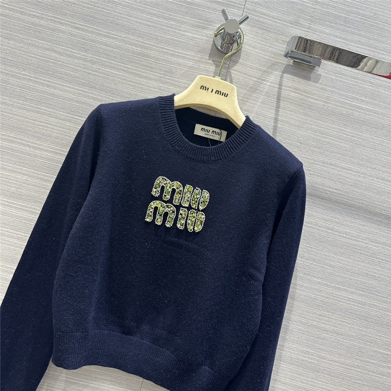 Miu Miu Logo Short Knitted Sweater Navy