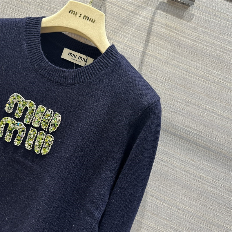 Miu Miu Logo Short Knitted Sweater Navy