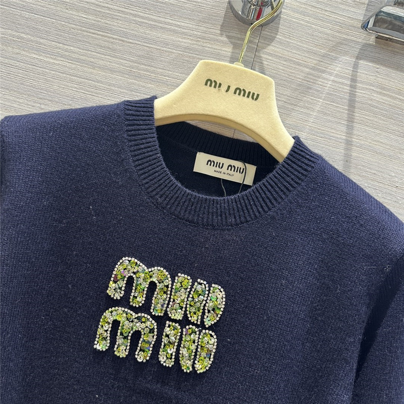 Miu Miu Logo Short Knitted Sweater Navy