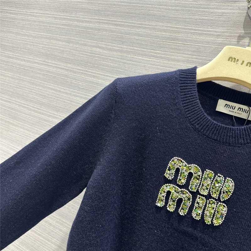 Miu Miu Logo Short Knitted Sweater Navy