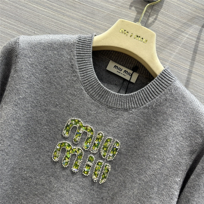 Miu Miu Logo Short Knitted Sweater Grey