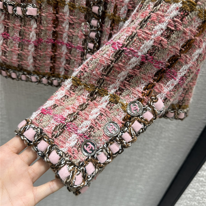 Ch**el pink and brown plaid tweed jacket